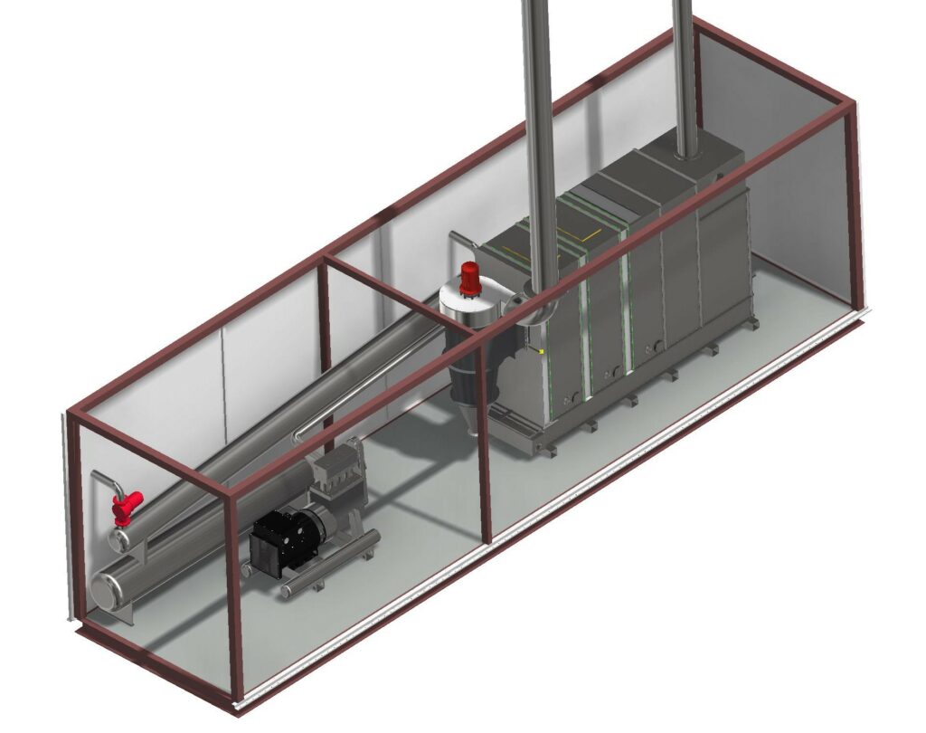 Biomasse Kraft-Wärme-Anlage mit Dampfmotor, Biomasseverbrennung, Hackschnitzelverbrennung, in Containerbauweise.