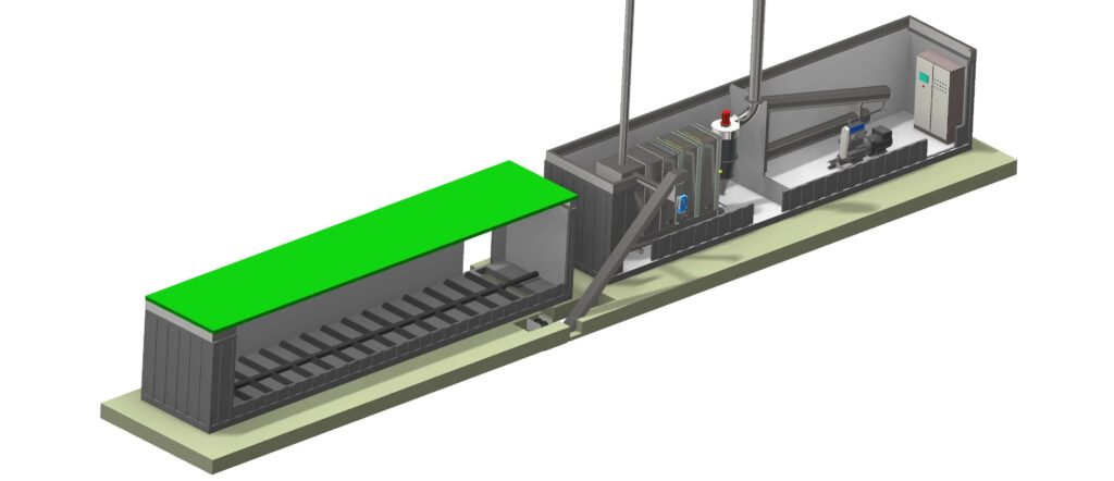 Biomasse Kraft-Wärme-Anlage mit Dampfmotor, Biomasseverbrennung, Hackschnitzelverbrennung, in Containerbauweise.